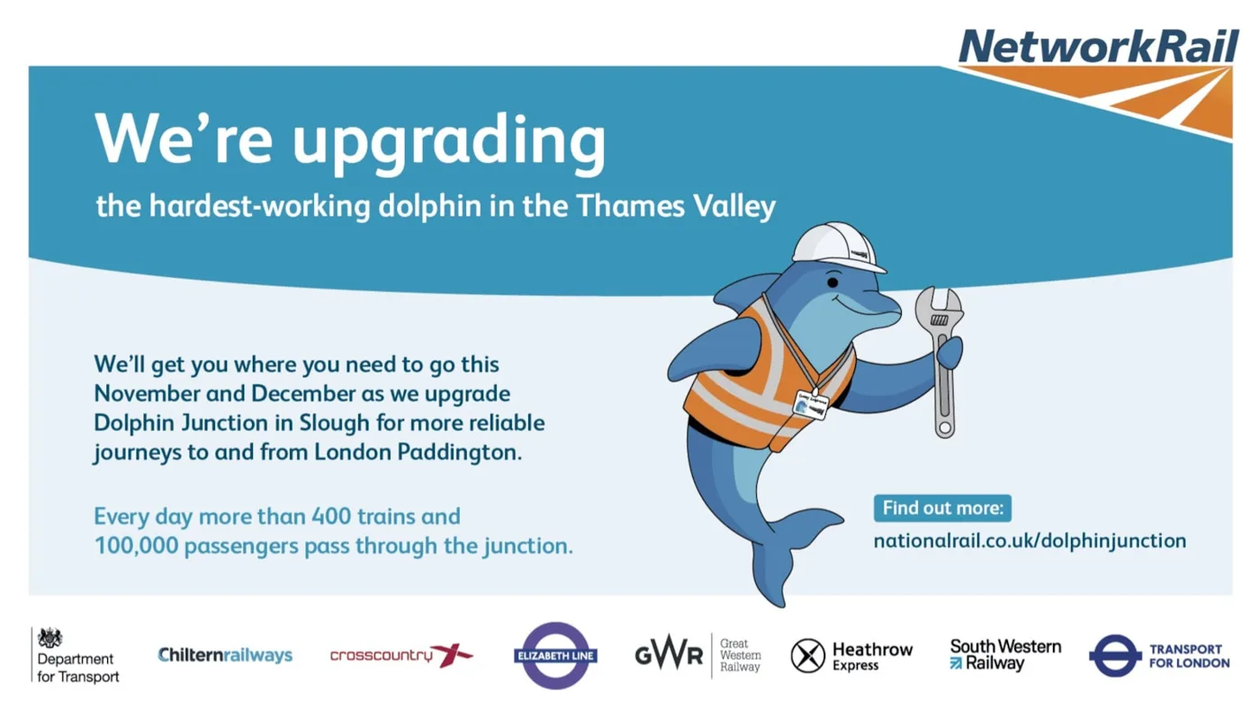 Network Rail poster with a cartoon dolphin in a hard hat holding a spanner, reading: We're upgrading the hardest-working dolphin in the Thames Valley. Every day more than 400 trains and 100,000 passengers pass through the junction.